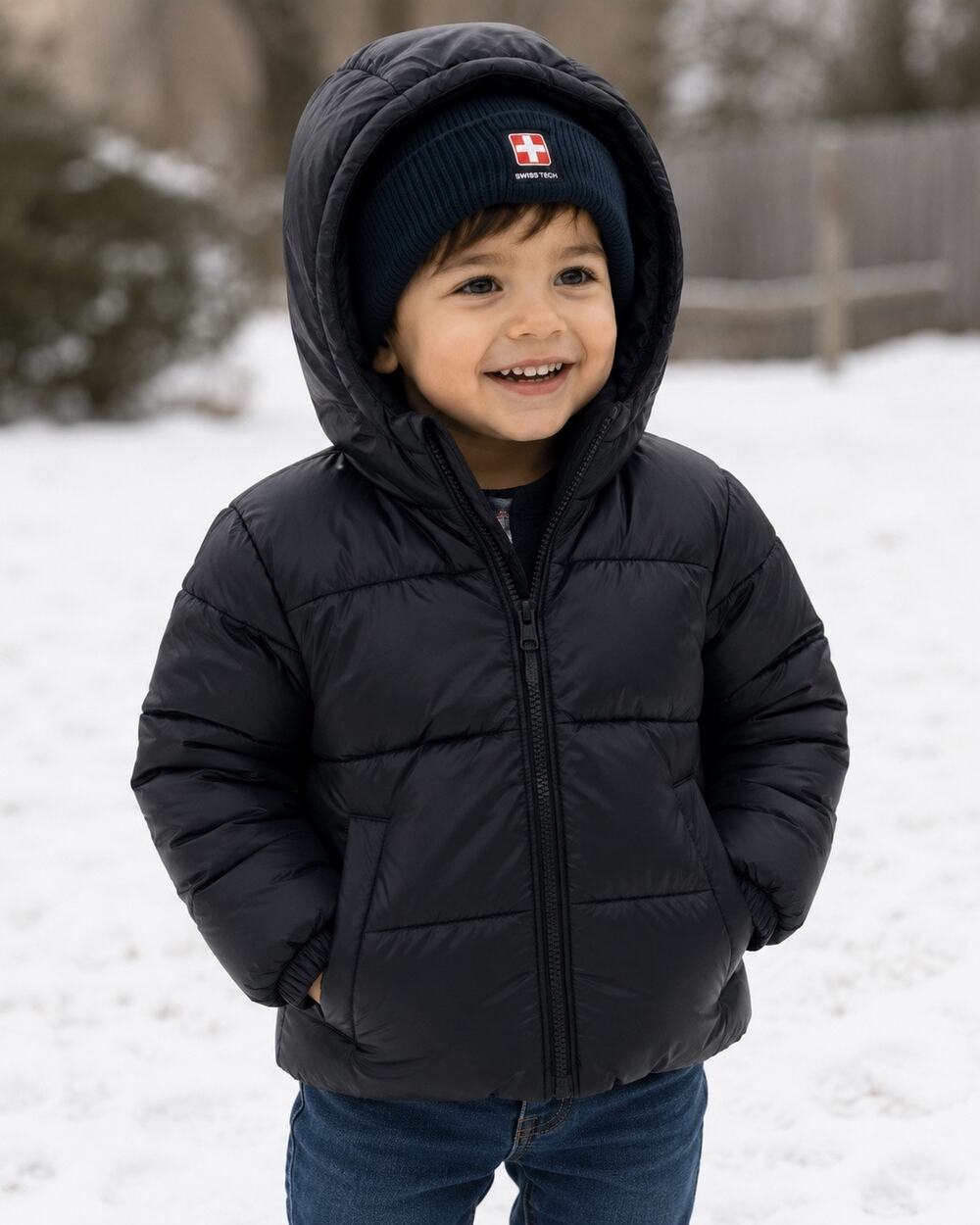 Swiss Tech Kids Black Hooded Puffer Jacket XS 4-5 NWT Insulated Winter Coat
